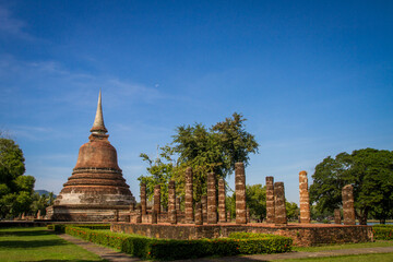 Wat Mahathat, Sukhothai old city, Thailand. Ancient city and culture of south Asia.