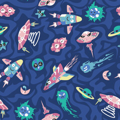Seamless background with spaceships and stars, Space Pattern
