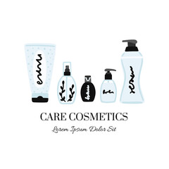 Vector cosmetic products. Natural cosmetics. Beauty care. Flat hand drawn elements is for advertising banner, post on social network, flyer, label, broshure, poster, website design for cosmetic store