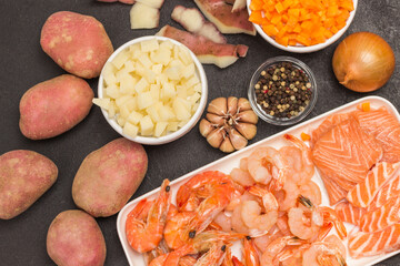 Ingredients for cooking clam chowder soup.