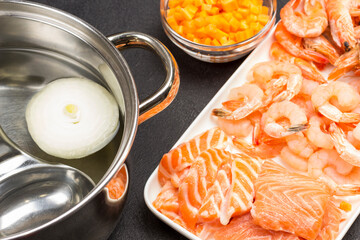 Ingredients for cooking clam chowder soup. Close up.