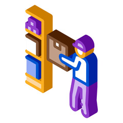 man restocking in cellar icon vector. isometric man restocking in cellar sign. color isolated symbol illustration