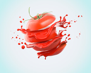 Sliced tomato with splashing of juice or ketchup. - obrazy, fototapety, plakaty