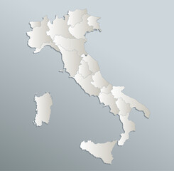 Italy map, administrative division, blue white card paper 3D blank