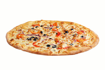 Fresh tasty pizza with mozzarella cheese, olives, paprika, onion and salmon fish meat isolated on white background