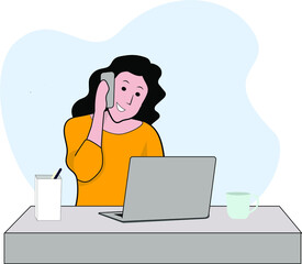 Woman working in home office cartoon.
