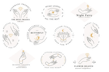 Set hand line logo gesture. Vector illustration on white background. Hand drawn style. Love, care, skin and tatoo vector illustrations.