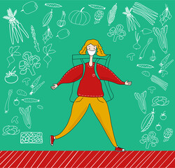 Safe food delivery. Young courier delivering grocery order to the home of customer with mask  during the coronavirus pandemic. Flat vector cartoon illustration