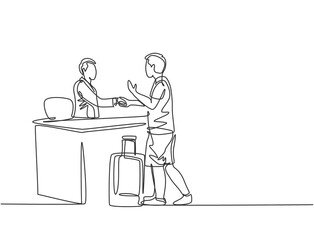 One line drawing of young male tourist handshaking hotel receptionist and ask to book a room while holding a luggage. Travelling concept. Modern continuous line drawing graphic vector illustration - obrazy, fototapety, plakaty