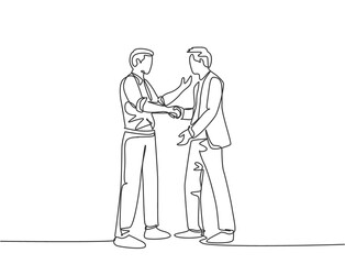 Fototapeta na wymiar Single line drawing of businessmen handshaking his business partner after their project goal. Great teamwork. Business deal concept with continuous line draw style vector graphic illustration
