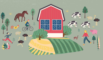 Family vacations farm, farmhouse, rural landscape, animals - cow, pig, sheep, horse, rooster, chicken, hen, ostrich, sheep, cat. Isolated cartoon vector illustration in flat style