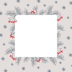 Christmas frame for congratulations. illustration with berries and coniferous branches. layout for congratulations with rowan and fir branches. New Year card
