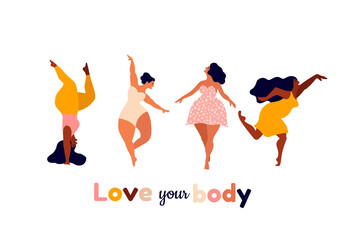Happy women. Body positive vertical cards. Love yourself, your body lettering type. Female freedom, girl power or international women's day vector illustration.