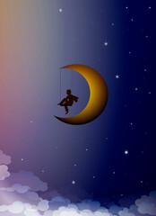 Obraz na płótnie Canvas dreamer concept, boy silhouette sitting on the moon swing, your child dream creative idea, vector