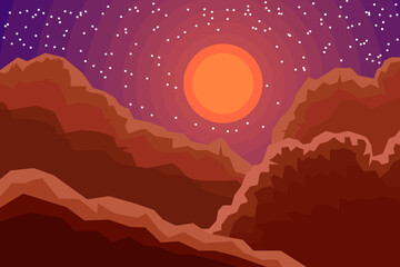 Mars landscape mountains star rising simple flat illustration