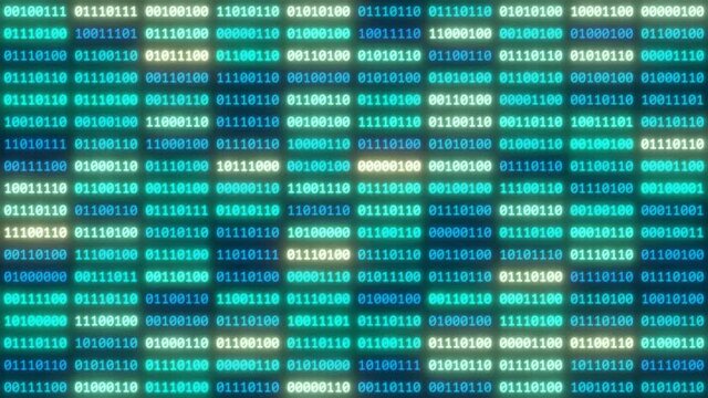 Digital communication concept using 8bit binary computer code numbers. 2D blue data glow 4K pattern animation.