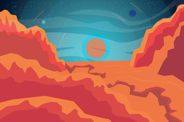 Cosmic landscape, mountain view and rising star, simple flat vector illustration