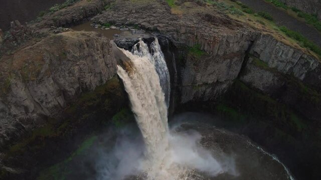 Drone Rotating Over Spectacular Waterfall Palouse Falls