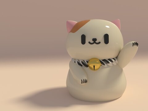 LOVELY KAWAII MANEKI NEKO LUCKY CAT JAPANESE 3D ILLUSTRATION