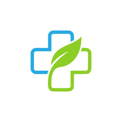 Medical Health and Pharmacy Logo Design Template. Medical cross and leaf.