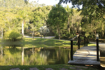 Obraz premium A bridge above lake in the beautiful park in autumn