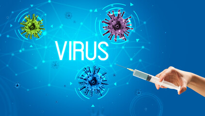 Syringe, medical injection in hand with VIRUS inscription, coronavirus vaccine concept