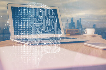 Multi exposure of work space with computer and human brain hologram. Brainstorm concept.