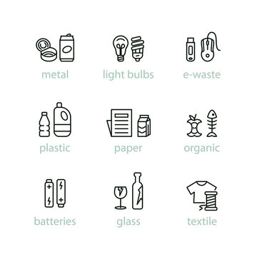 Sorting garbage outline icon set. Recycling, sorting waste. Thin line vector pictogram with editable stroke.