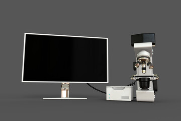 White professional microscope, cpu box and blank display isolated, photorealistic 3d illustration of object with fictional design, physics research concept