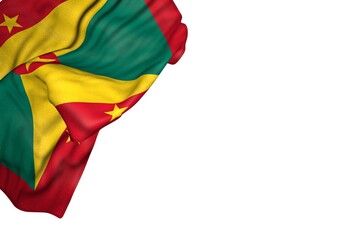 pretty celebration flag 3d illustration. - Grenada flag with big folds lie in top left corner isolated on white - obrazy, fototapety, plakaty