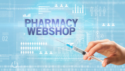 Close-up view of doctor's hand in a white glove holding syringe with PHARMACY WEBSHOP inscription, healthcare and medical concept