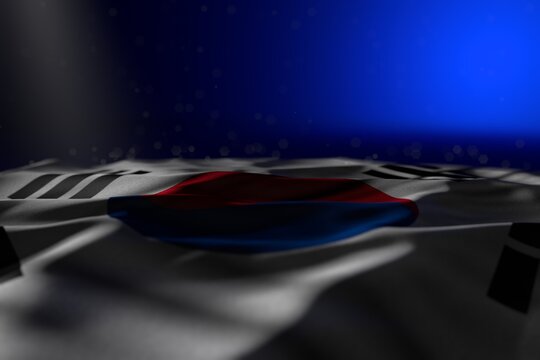 wonderful independence day flag 3d illustration. - dark picture of Republic of Korea (South Korea) flag lying flat on blue background with selective focus and empty place for your text