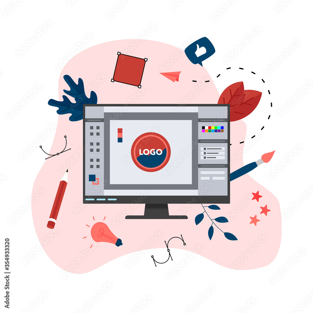 Poster flat vector graphic design concept with designer with an open design application with a creative pro