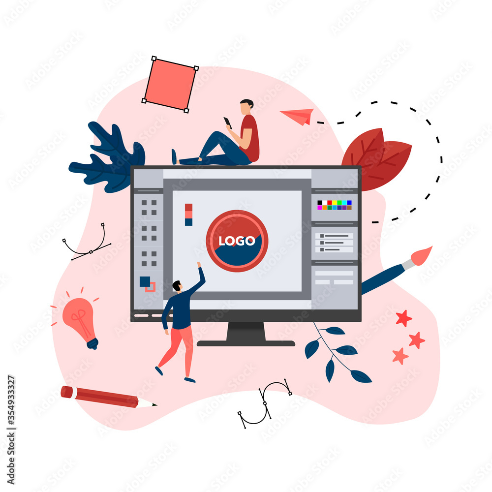 Poster flat vector graphic design concept with designer with an open design application with a creative pro