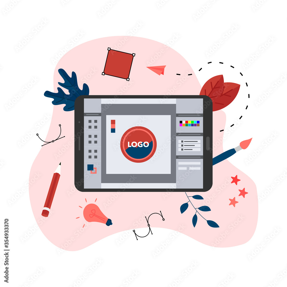 Poster flat vector graphic design concept with designer with an open design application with a creative pro