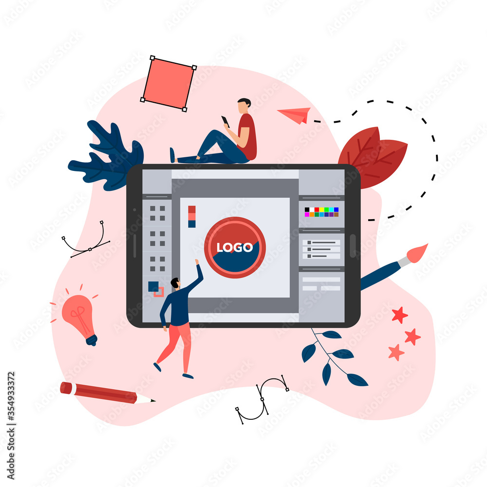 Poster flat vector graphic design concept with designer with an open design application with a creative pro