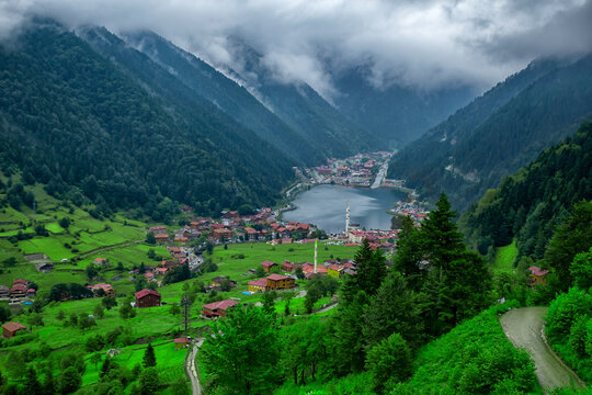 Uzungol lake view (Long lake) top view of the mountains and lake in Trabzon. Popular summer destination for tourists.
