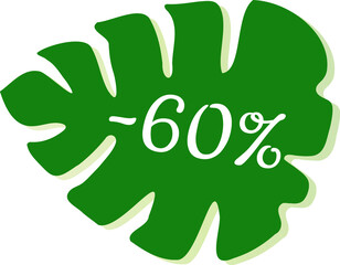 Get 60% off Sale. Eco shop discount. Green leaf vector isolated on white. Discount offer price sign. Special offer symbol. Save 60 percentages. Extra discount.