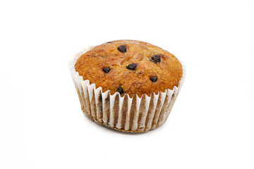 Banana muffin with chocolate chip on white background.