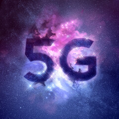A galaxy nebula with 5G written in the stars. Fast 5G mobile wireless networking technology concept. Illustration.
