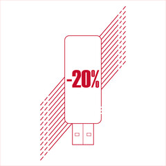 Get 20% off Sale. USB flash vector isolated on white. Discount offer price sign. Special offer symbol. Save 20 percentages. Extra discount.
