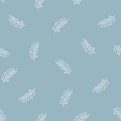 blue background with white twigs. seamless pattern with fir branches. illustration for print.