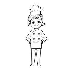 Cute Hand Drawn Outline or Line Drawing of Smiling and Happy Young Man Chef Wearing Uniform. Suitable For Coloring Book, Children or Activity Book, Mascot, Character.  Cartoon Illustration. Doodle.