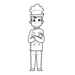 Cute Hand Drawn Outline or Line Drawing of Smiling and Happy Young Man Chef Wearing Uniform With Beard. Suitable For Coloring Book, Children Book, Mascot, Character. Cartoon Illustration. Doodle.