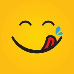 Yummy face smiley delicious with tongue lick mouth, tasty food eating emoticon face on yellow background, smile vector cartoon line style, vector icon illustration - obrazy, fototapety, plakaty
