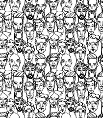 Seamless pattern of male doodle hand drawn portraits. Black and
