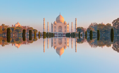 Taj Mahal mausoleum reflected in water - Agra, Uttar Pradesh, India