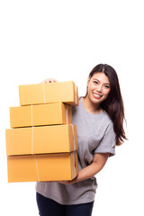 Young woman carrying stack of cardboard boxes or parcel boxes with online shopping, package, post, delivery concept. Asian girl get satisfied delivery service. smiley face. isolated on white
