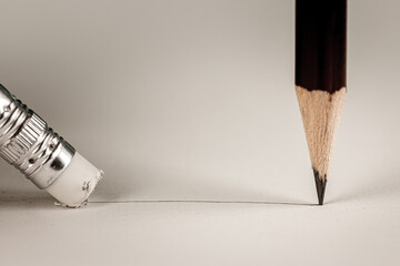 Closeup pencil eraser or delete on paper for removing a written mistake.Examination for fix and correct or change some incorrect and problem in business concept.