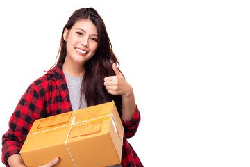 Young woman receive cardboard box or parcel box and giving thumb up that Asian girl get satisfied delivery service. online shopping, package, post, delivery concept. isolated on white. copy space